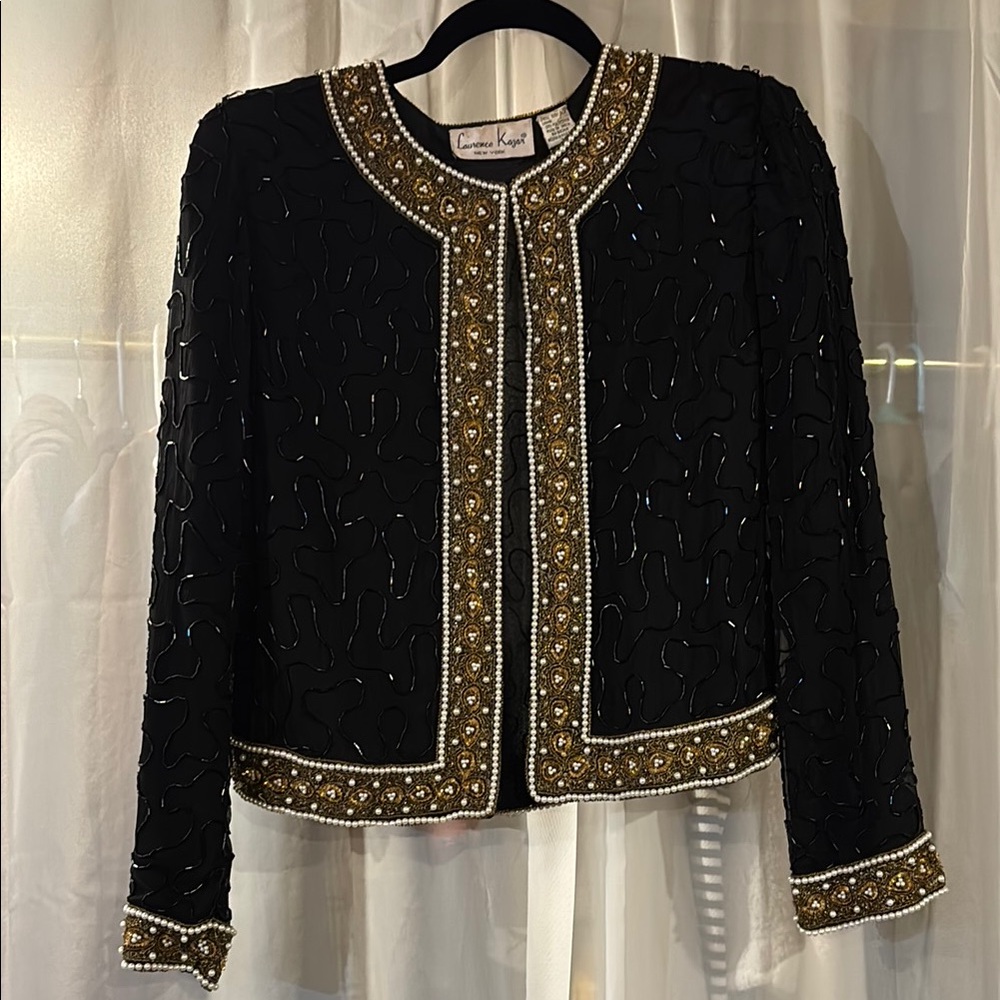 Laurence Kazar SILK Black & Gold Faux Pearls Cropped Blazer